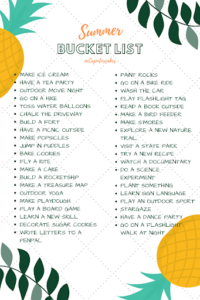 Illustrated summer bucket list with activity ideas such as making ice cream, going on a hike, planting something, and visiting a state park.