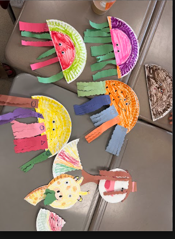 Colorful paper plate crafts with faces and streamers created by Pathways Summer Program students.