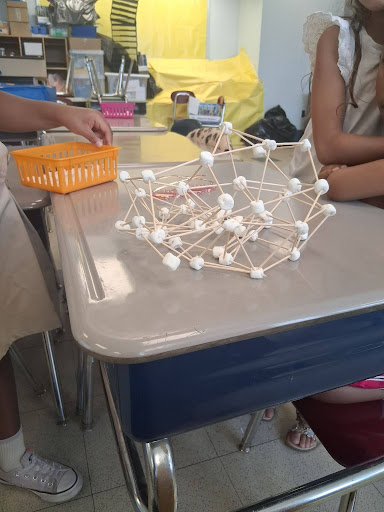 Students work together to build a structure with marshmallows and toothpicks during the Pathways Summer Program.