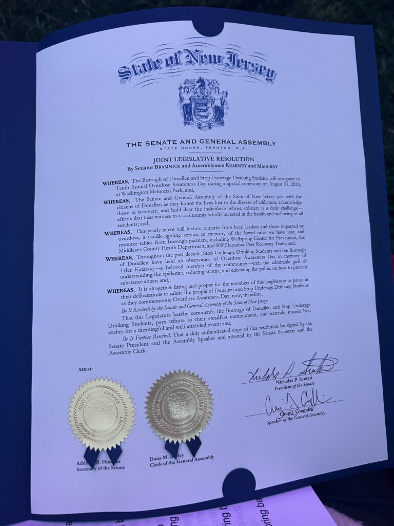 New Jersey Joint Legislative Resolution recognizing Dunellen’s 10th Annual Overdose Awareness Day ceremony.